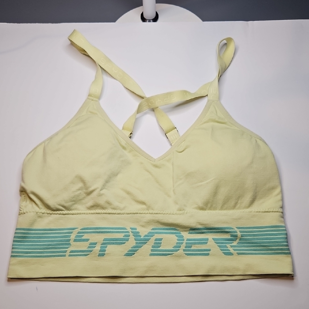 Spyder Green Stripe Lime Sports Bra LARGE w Padding Adjustable Racerback Straps